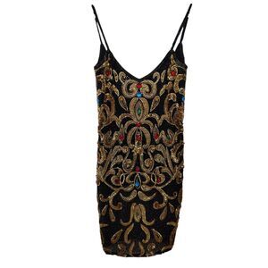 Vintage Nitelight Black Cami Beaded Ornate Jewel 100% Silk Bodycon